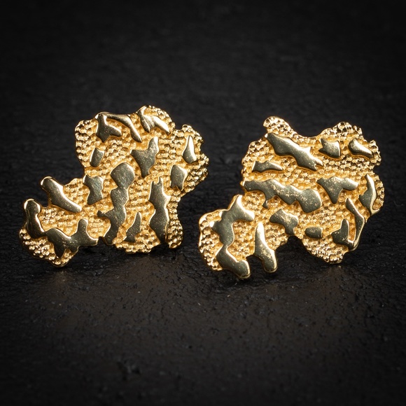 Large 14K Yellow Gold Nugget 925 Sterling Silver Hip Hop Stud Earrings - Picture 1 of 5
